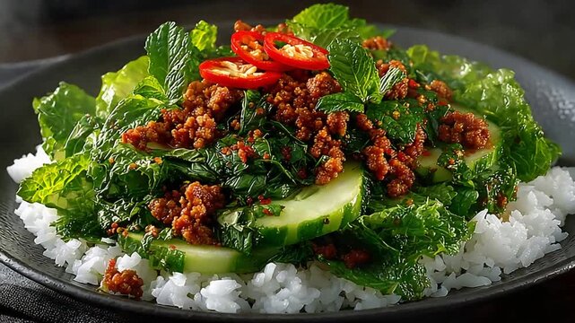 Delicious Asian Inspired Rice Dish with Minced Meat and Fresh Greens.