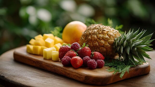 Vibrant fruit platter with mango strawberries raspberries and pine on a wooden board set outdoors - Powered by Adobe