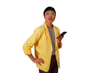 Asian businesswoman multitasking, holding phone, thinking, looking up with curious expression, transparent background