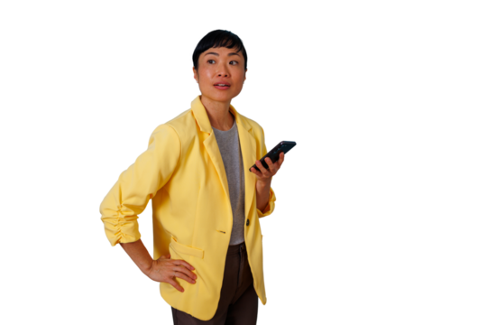Asian businesswoman multitasking, holding phone, thinking, looking up with curious expression, transparent background