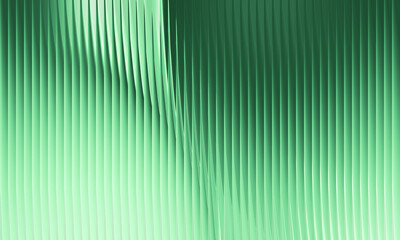 Abstract green ribbed glass texture with vertical lines and light refraction