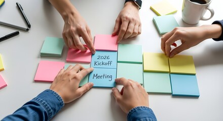 Professional team members engage in collaborative planning, arranging colorful sticky notes to strategize for an important annual business kickoff meeting