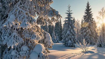 Snowy coniferous trees stand tall in the foreground, their branches heavy with a blanket of fresh snow, as the sun shines through casting a warm glow on the serene winter landscape featuring a.