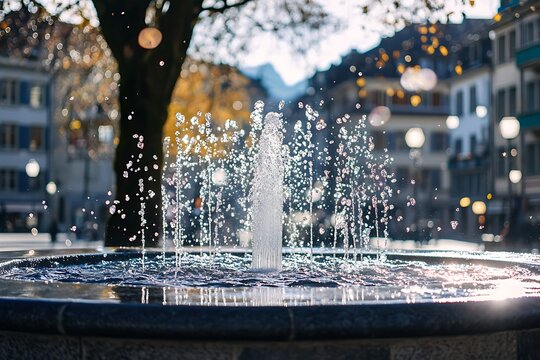 A vibrant water fountain spraying water in a public square at dusk with bokeh lights in the background