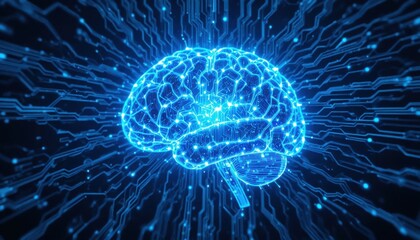 Radiant digital brain pulsing with vibrant blue energy, symbolizing futuristic artificial intelligence and complex data networks powering innovation.