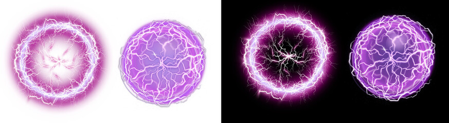 PNG image of Four vibrant purple energy orbs with electric arcs showcase power and magic ideal for...