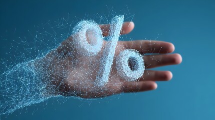 Fototapeta premium 3D low-poly percent symbol held in a hand, made of triangles, lines, and dots on a blue digital background. Concept: Banking, financial calculation, discount, and digital business visualization.