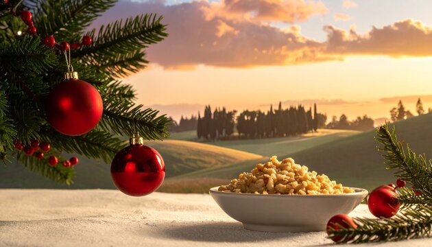 Festive winter landscape with Christmas ornaments and a bowl of cereal on a table, perfect for holiday greetings and seasonal promotions