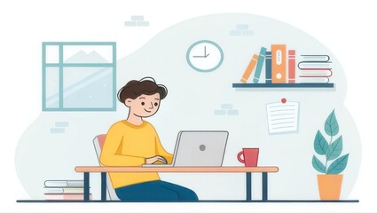 Young professional working diligently on a laptop at a clean, modern desk, creating a focused and productive atmosphere for remote work or study.