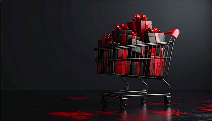 Shopping cart filled with elegant black and red gift boxes with ribbons, perfect for Black Friday sales or holiday promotions. Modern, dramatic composition on a dark background with copy space.