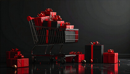 Elegant shopping cart filled with red and black gift boxes with ribbons against a dark background. Concept for Black Friday, Christmas sales, holiday shopping, promotions, and special offers.