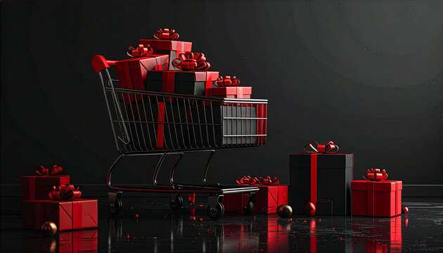 Elegant shopping cart filled with red and black gift boxes with ribbons against a dark background. Concept for Black Friday, Christmas sales, holiday shopping, promotions, and special offers.