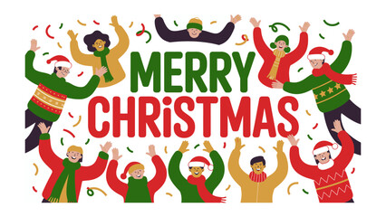 Christmas Cheer: Vibrant illustration of individuals surrounding festive text, spreading holiday joy and celebration.