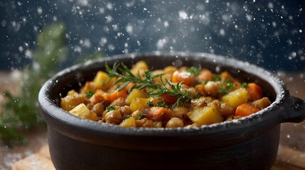Hearty winter stew with potatoes carrots and chickpeas served in a rustic bowl amidst falling snow