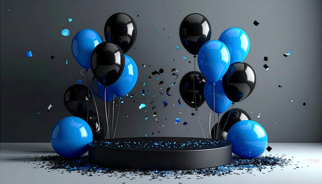 Elegant black podium with vibrant blue and black balloons and falling confetti on a grey background. Modern product display for celebration, anniversary, birthday, or special event presentations.