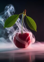 Single Red Cherry with Green Leaves Surrounded by Cold Smoke or Mist