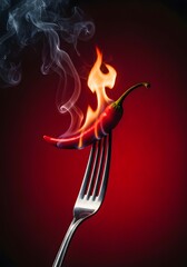 Red Hot Chili Pepper on a Fork with Flames and Smoke Against a Dark Red Background