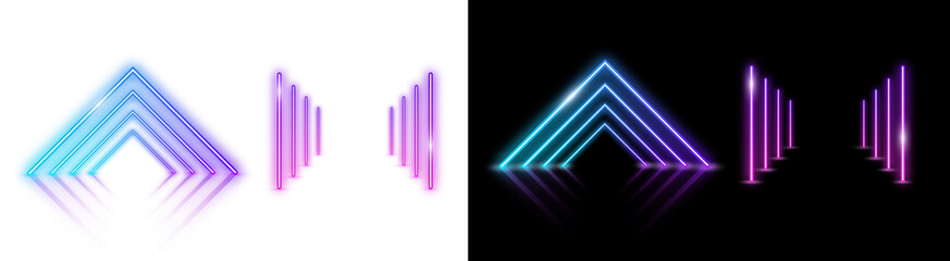 PNG image of Vibrant neon light installations featuring geometric shapes and reflective surfaces...