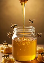 Thick Stream of Golden Honey Pouring into Jar with Bees and Honeycomb

Kategori Adobe Stock: Food and Drink