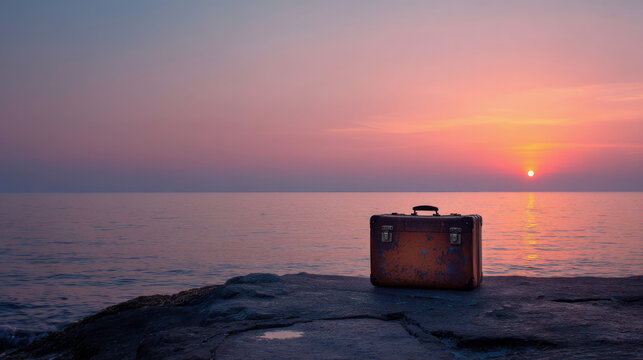 Vintage suitcase waiting on a rock during sunset