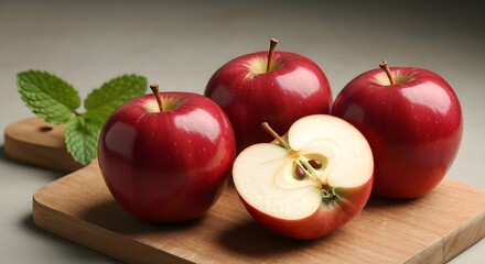 Three Whole Red Apples and One Halved Apple on a Wooden Cutting Board