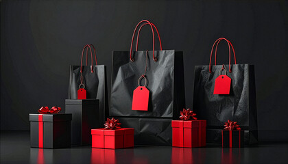 Black Friday or Christmas sale concept with elegant black shopping bags, red gift boxes and blank tags on a dark background. Perfect for luxury retail promotions, holiday shopping, and special offers.