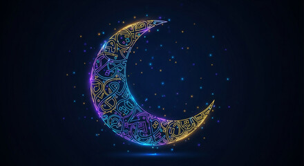 Crescent moon shines brightly against a dark blue night sky filled with twinkling stars, creating a serene and magical atmosphere for ramadan celebration.