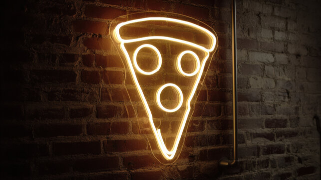 Glowing pizza neon sign illuminating brick wall