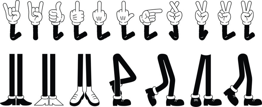 Illustration of cartoon body parts hands showing different gestures and legs in various poses, perfect for animation or illustration projects