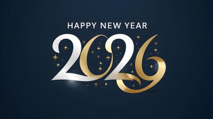 Elegant golden and silver brushstroke numbers 2026 with sparkling confetti on a dark blue background celebrating the new year