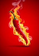 Hot Red Chili Pepper Engulfed in Fire and Smoke on a Vibrant Red Background