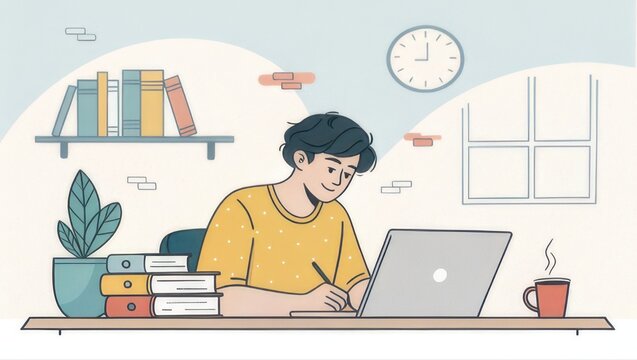 Young student diligently studying and writing on laptop in cozy home office with books and hot coffee, symbolizing productivity and learning