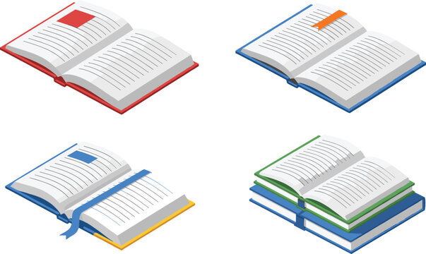 Vector Isometric Set of Open Books and Stacks: Detailed 3D Illustrations of Reading Material with Colorful Covers and Bookmarks, Representing Education, Study, and Literacy