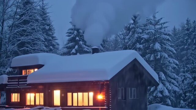 house roof covered in snow, chimney smoke