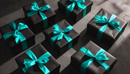 Top view of multiple elegant black gift boxes with vibrant turquoise satin ribbons and bows, arranged on a dark textured concrete background. Concept for luxury presents, special occasions. Chrismas.