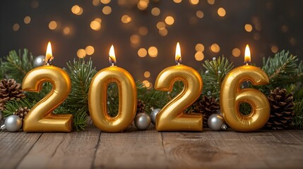 Golden 2026 number candles lit with festive christmas decorations and bokeh lights for new year celebration