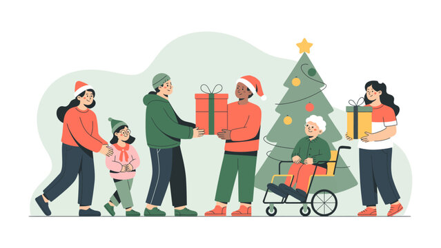 Sharing Festive Cheer: A heartwarming scene unfolds as a group of people, each touched by the season's spirit, exchange gifts with smiles, symbolizing unity and goodwill. 