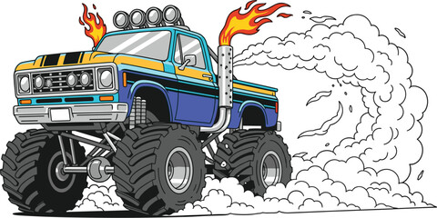 Illustration of a blue monster truck with flames coming from the exhaust and smoke billowing out the truck has large tires and a powerful engine © Ruhanul