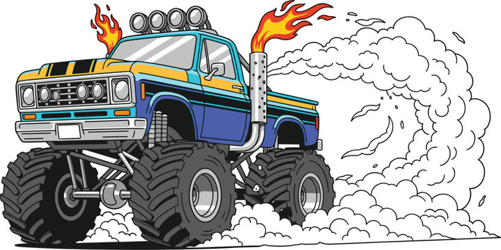 Illustration of a blue monster truck with flames coming from the exhaust and smoke billowing out the truck has large tires and a powerful engine