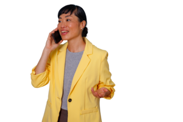 Asian businesswoman communicating on phone, expressing emotion, discussing work issues, transparent background
