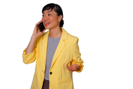 Asian businesswoman communicating on phone, expressing emotion, discussing work issues, transparent background