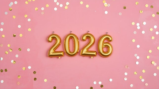 Golden balloons spelling out the year 2026 float above a soft pink background adorned with scattered sparkling confetti creating a festive celebration atmosphere