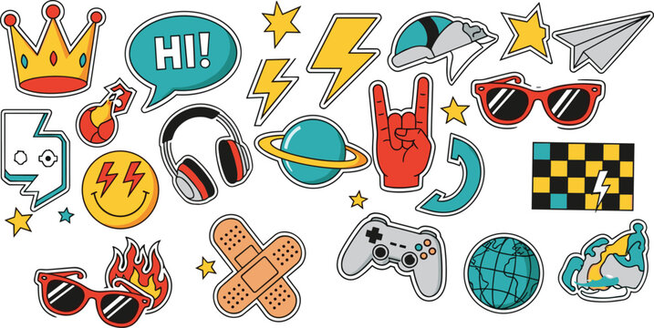 Illustration of seamless pattern with fashion patch badges with crown, skateboard, skull, planet, headphones, sunglasses, gamepad vector stickers, pins, patches in cartoon 80s90s comic style