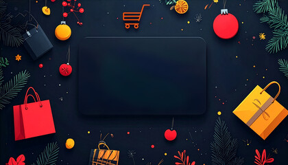 Flat lay of Christmas holiday shopping concept with shopping bags, gift boxes, ornaments and a shopping cart icon on a dark background with a central blank space for text or promotion. Mockup template