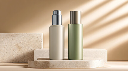 Minimalistische Stillleben mit neutralen Beauty- und Deko-Produkten wie Flaschen, Tiegeln, Kerzen und Etiketten-Mockups. Weiches Tageslicht, klare Formen und natürliche Materialien