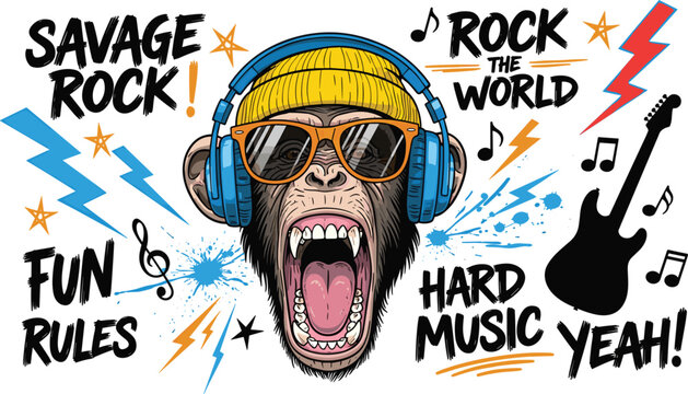 Illustration of a funky monkey with a beanie and headphones is screaming while surrounded by music notes, lightning bolts, and text