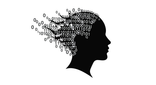Silhouette of a woman's head with binary code dissolving into abstract patterns, symbolizing digital consciousness and AI.