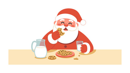 Santa's Sweet Treats: A jolly figure in a red suit savors a delicious cookie while enjoying a glass of milk, a delightful Christmas scene.