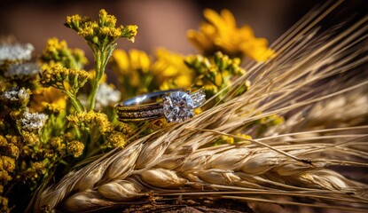 Ring adorns wheat stalks and wildflowers, symbolizing nature's bounty and love.