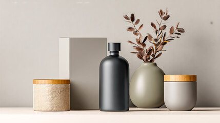 Minimalistische Stillleben mit neutralen Beauty- und Deko-Produkten wie Flaschen, Tiegeln, Kerzen und Etiketten-Mockups. Weiches Tageslicht, klare Formen und natürliche Materialien